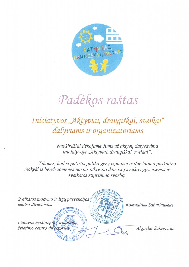Padėkos raštas mokykloms už dalyvavima Iniciatyvoje